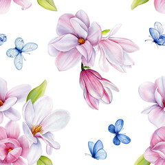 Spring magnolia blooming flowers, butterfly. Seamless pattern pink blossom, branches. Design spring floral background