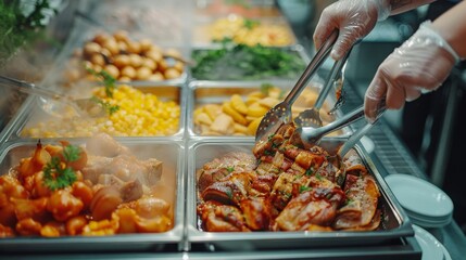 Buffet Line of Delicious Food Being Served