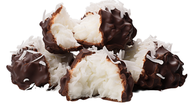 A luxurious assortment of chocolate covered coconuts stacked on a white background