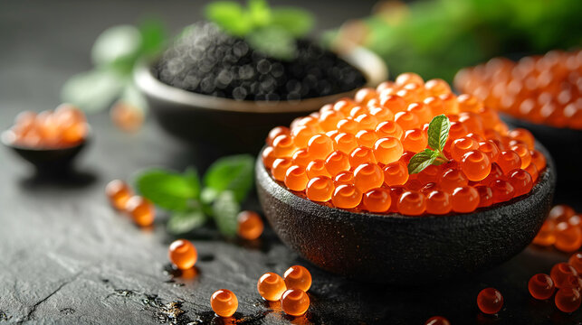 Red and black caviar in two bowls on a dark background