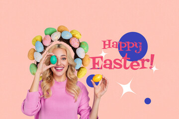 3d retro abstract creative artwork template collage of gorgeous blonde eggs circle happy easter concept billboard comics zine minimal