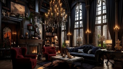 a captivating gothic living room design with towering ceilings, a crackling fireplace,