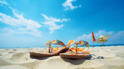 Two flip flops are laying on the sand on a beach - obrazy, fototapety, plakaty