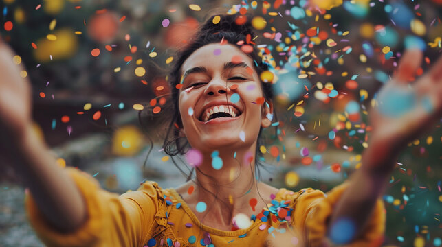 Close-up of a joyful woman with confetti falling around her, conveying happiness and celebration