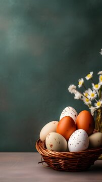 A basket of colorful eggs with copyspace on a grey background. Easter egg concept, Spring holiday