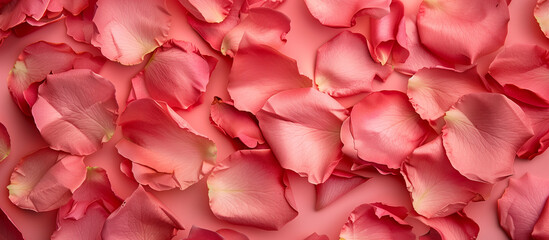 This image showcases a collection of delicate rose petals spread over a soft pink background, conveying a sense of romance and luxury