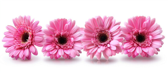 Five perfectly arranged pink gerberas stand out against a stark white background, signifying simplicity and innocence