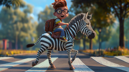 Animated boy with backpack riding zebra on crosswalk. Safety when crossing the road. Educational concept.