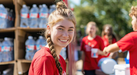  a happy young woman smiling and helping to fill up water bottles at an award-winning American Red Cross community event