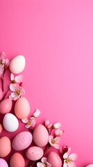 Colorful eggs with copyspace on pink background. Easter egg concept, Spring holiday