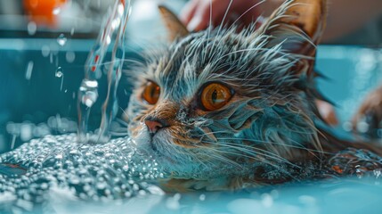 Cat Sitting in Water - obrazy, fototapety, plakaty