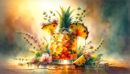 Watercolor Painting of Pineapple and Thyme Iced Tea - obrazy, fototapety, plakaty