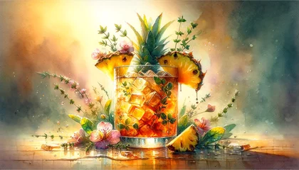 Fotobehang Watercolor Painting of Pineapple and Thyme Iced Tea © monkik.