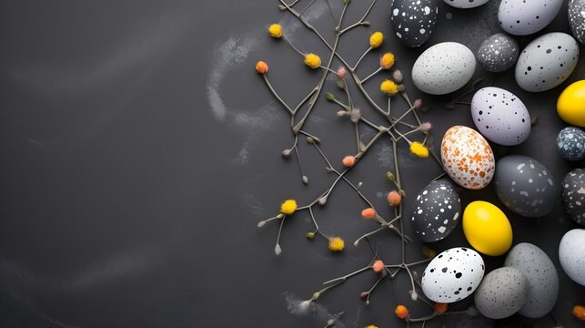 Colorful eggs with copyspace on grey background. Easter egg concept, Spring holiday