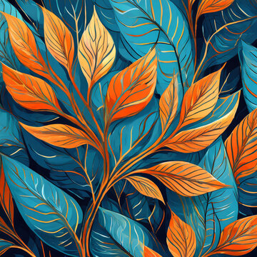 Floreal pattern leafs orange and blue