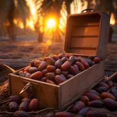 Dates harvested in a wooden box in a plantation with sunset. Natural organic fruit abundance. Agriculture, healthy and natural food concept. Square composition. - 773857963