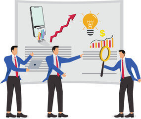 Data analysis, financial statement or accounting, business revenue or investment budget with marketing profit, tax, budget or marketing strategy, isometric businessman and pie chart data report on sma