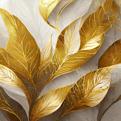Luxurious golden wallpaper. White background. Gold leaves wall art with shiny golden light 