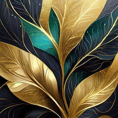 Luxury gold wallpaper. Black and golden background. floral wall art design with dark blue