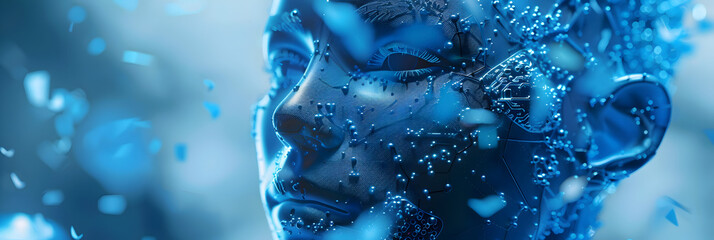 Side view of a digital silhouette of a woman for first ever artificial intelligence system , Digital AI avatar in blue cyber realm, blending technology with intellect.
  - obrazy, fototapety, plakaty