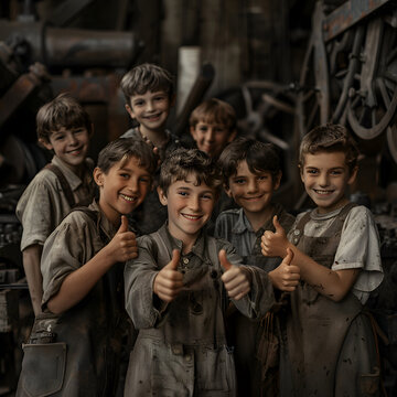 Group of children doing their dream job as Blacksmiths standing inside the blacksmith workshop. Concept of Creativity, Happiness, Dream come true and Teamwork.