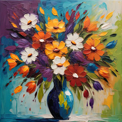 Bouquet of flowers.  In this oil canvas, a bouquet of flowers with diverse colors takes center stage, their vivid hues bursting forth in a symphony of natural beauty.