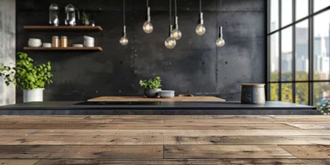 Foto op Aluminium mpty wood table top counter on modern kitchen interior background , empty wooden table in room background ,Banner, Ready for product display © Planetz