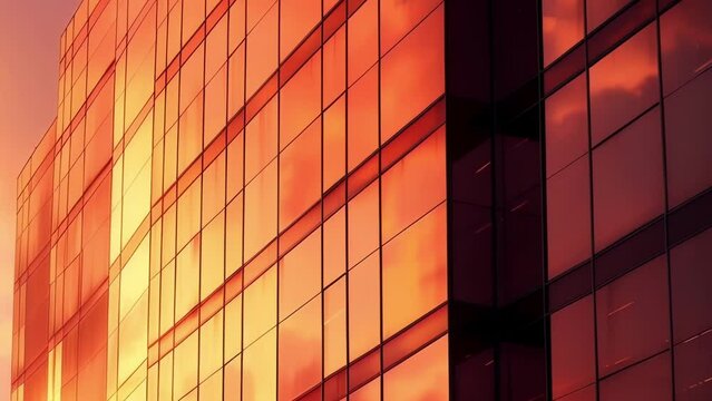 The orangepink sky reflecting off the sleek gl windows of a highrise office building.