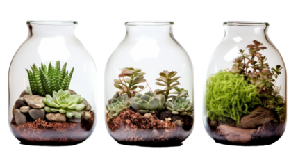 Three glass vases display vibrant green plants in a harmonious arrangement