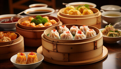 A variety of dim sum dishes including shumai har gow and siu mai are presented in bamboo steamers...