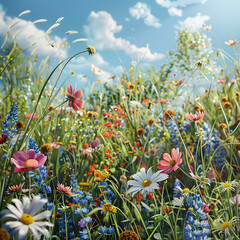 Closeup of summer meadow with colorful flowers, blue sky and sunshine in the background. - 773859382