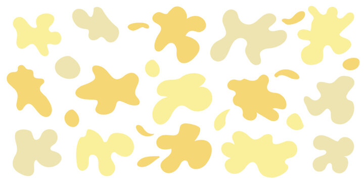Set of organic irregular blob shapes. Yellow random deform spot fluid circle Isolated on white background. Organic amoeba Doodle drops Retro vector elements. Abstract rounded forms Vector illustration