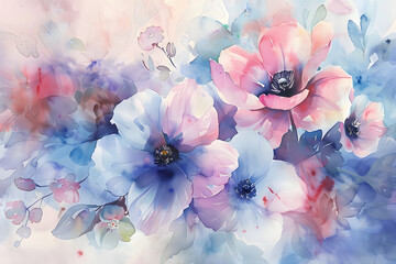 An exquisite watercolor painting, with delicate floral elements in pastel shades, merging into an ethereal composition of artful blooms.