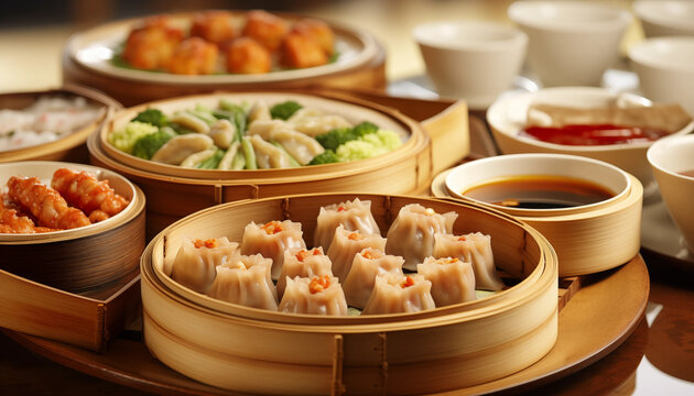 A variety of delicious dim sum dishes in bamboo steamers including shumai dumplings and vegetables