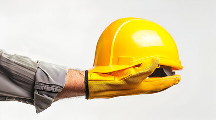 A construction worker holds a yellow hard hat in his hand on white background.