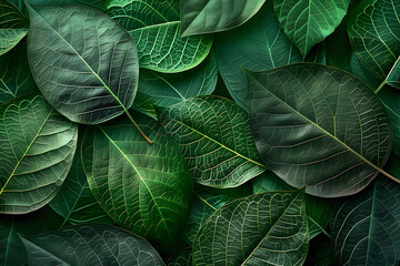 A dense collection of green leaves showcases the intricate vein patterns and vibrant color, capturing the lush life force of nature.