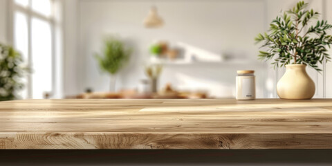  Empty wood table top counter on modern kitchen interior background , empty wooden table in kitchen room background ,Banner, Ready for product display