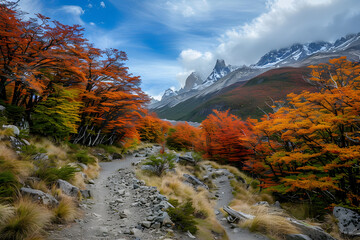 Vivid autumn colors paint the landscape along a rugged mountain trail leading to snow-capped peaks under a dynamic sky.