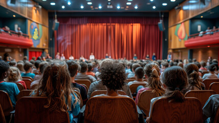 A group of young students is captivated by a performance at a school assembly, with attention...