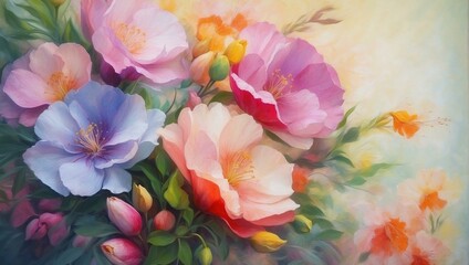 Beautiful blend of blooming flowers in a pastel oil painting, rich in texture and soft in color palette