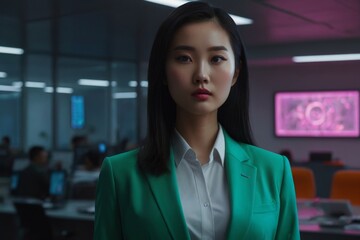 Young businesswoman in the office. Neon style