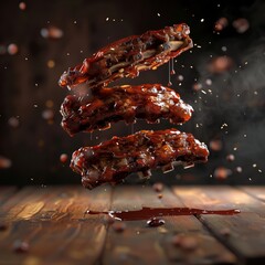 delicious ribs floating in the air, professional food photography, studio background, advertising photography, cooking ideas