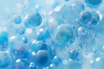 A tranquil display of transparent blue bubbles floating effortlessly, illuminated by a soft, diffuse light on a pale blue background.