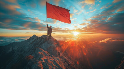A winner who has achieved his goal, a man stands in the mountains with a flag