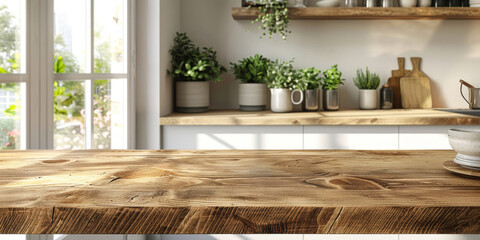 Empty wood table top counter on modern kitchen interior background , empty wooden table in kitchen room background ,Banner, Ready for product display