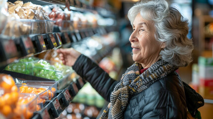 An old pensioner woman is looking for the cheapest prices - obrazy, fototapety, plakaty