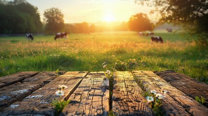 Wooden Table in Field With Grazing Cow