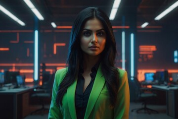 Young businesswoman in the office. Neon style