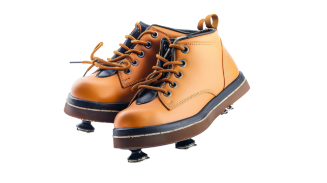 Two vibrant yellow boots are stacked on top of each other in a whimsical pose