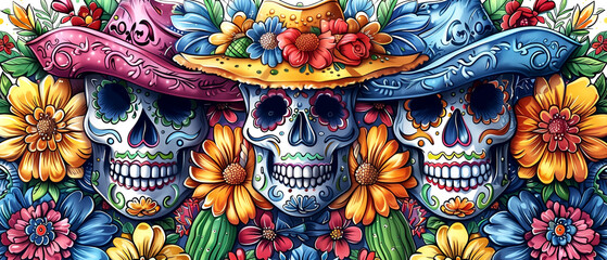 Obraz premium traditional sugar skull and other mexican holidays symbols. illustration